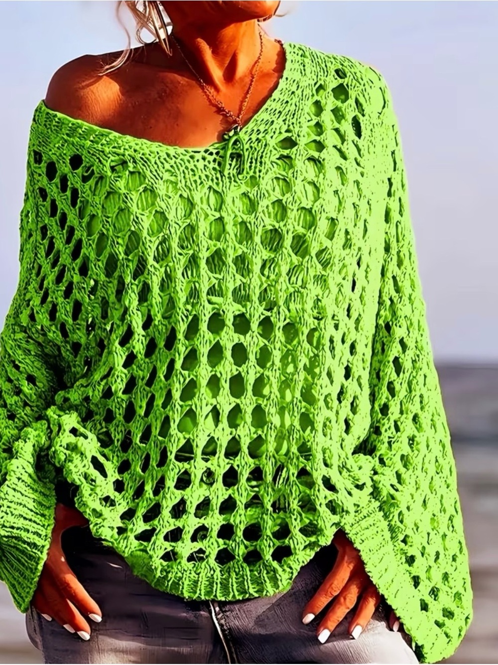 NWOT Neon Green Off-the-Shoulder Crochet Sweater, Multiple Sizes